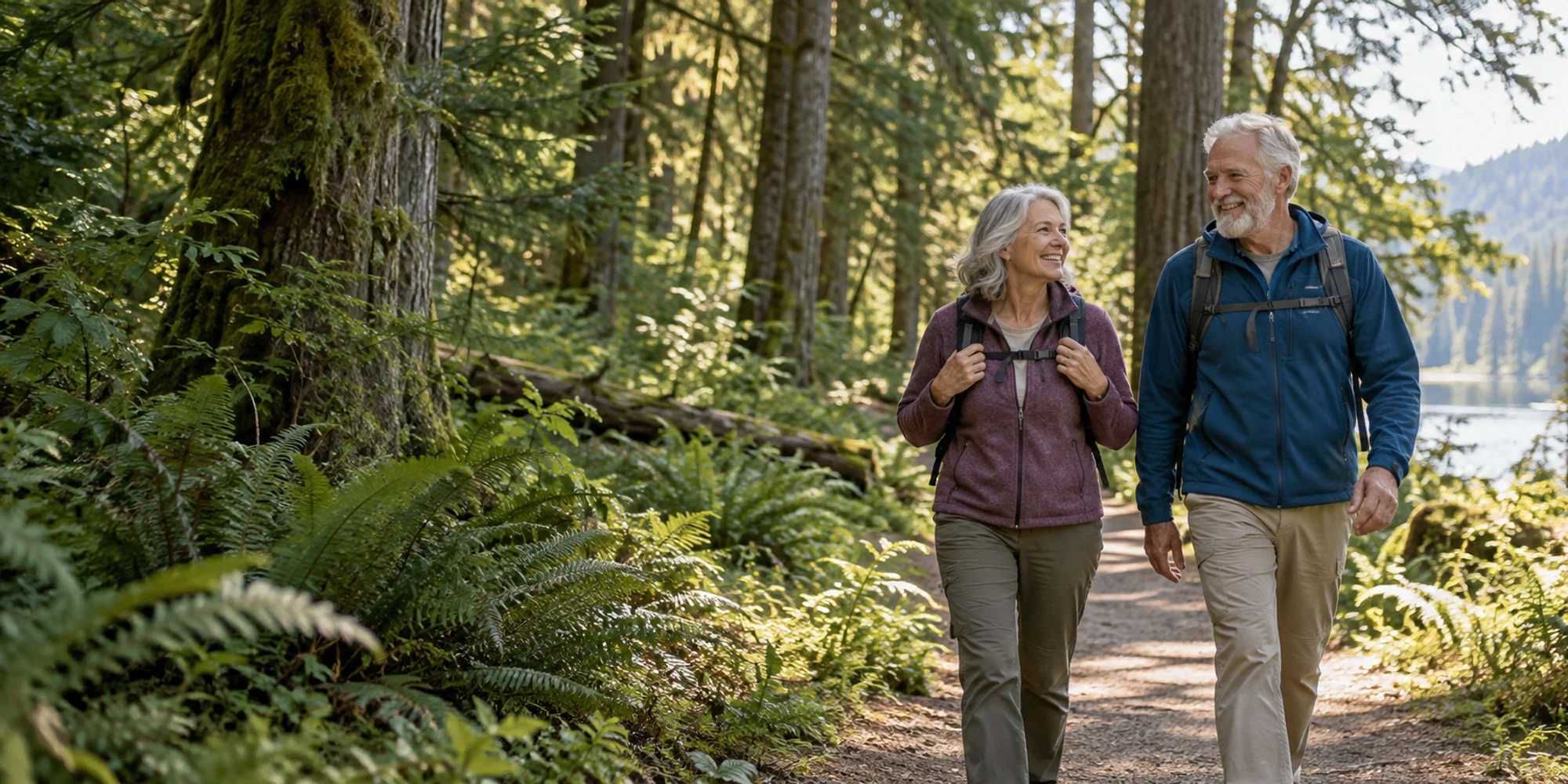 Older couple hiking together along a sunlit woodland trail